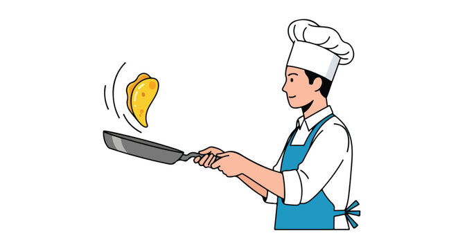 Chef effortlessly flipping a pancake with a pan with grace and precision, showcasing culinary skill and expertise in breakfast preparation