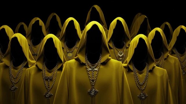 Group of hooded figures in yellow cloaks with hidden faces mysterious cult concept dark ritual secret society symbolism fantasy horror cinematic surreal atmosphere