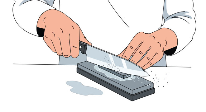 Illustration demonstrating the art of sharpening a knife with a whetstone, a crucial technique for chefs and culinary enthusiasts, ensuring optimal