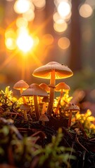 Fototapeta premium Glowing Mushrooms in Forest at Sunset with Warm Light and Bokeh Effect