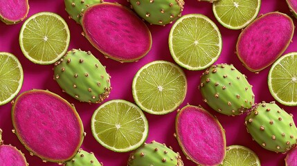 Refreshing Mix of Prickly Pear Fruit and Lime Slices Background