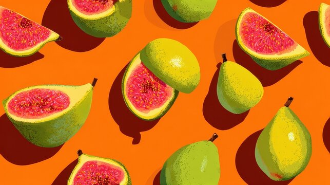 Cartoonish Seamless Pattern of Fresh Figs and Sapotes on Orange