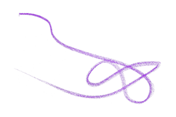 Hand drawn purple pencil lines, circles, stripes and squiggly lines on transparent background.