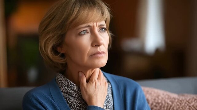 A senior woman seated on her couch hand placed against her throat in visible pain swollen tonsil glands indicated by strained expression cozy living room dimly lit with warm ton