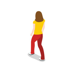 Isometric illustration of a woman from behind, wearing a yellow tshirt and red pants, walking forward isolated on transparent background