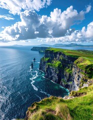 Dramatic coastal cliffs meet a turquoise sea beneath a vibrant sky