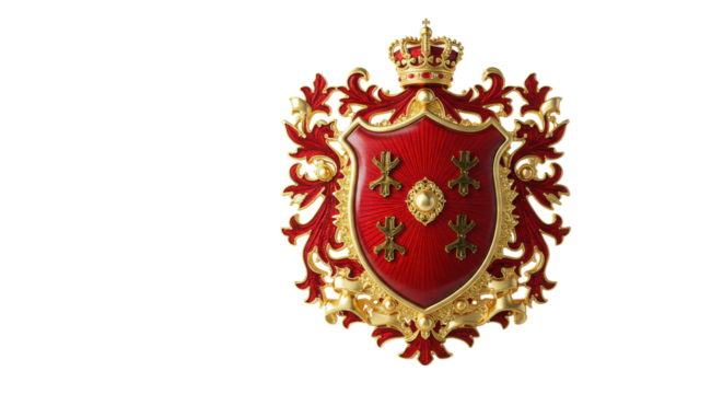 Red heraldic coat of arms with gold fleur-de-lis isolated PNG with Transparent Background - Powered by Adobe