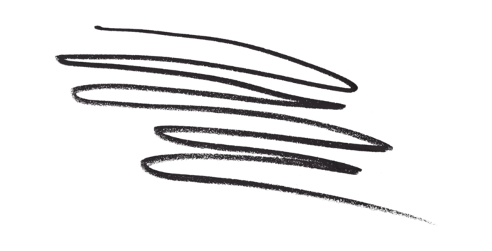 Hand drawn black pencil lines, circles, stripes and squiggly lines on transparent background.