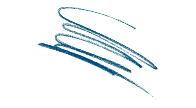 Hand drawn blue pencil lines, circles, stripes and squiggly lines on transparent background.