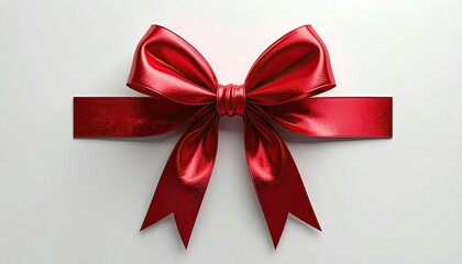 A vibrant red satin ribbon bow sits atop a horizontal ribbon band against a plain white background