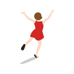 A joyful woman in a red dress dancing with her arms raised, isolated on transparent background