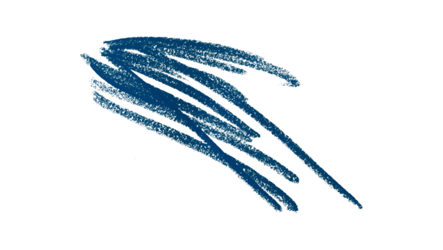 Hand drawn blue pencil lines, circles, stripes and squiggly lines on transparent background.