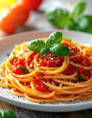 Plate of spaghetti with tomato sauce, topped with fresh basil and parmesan cheese, surrounded by tomatoes
