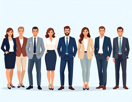 A row of professionally attired individuals, likely businesspeople, stand in a formal pose, each with a confident expression.  Light-colored backdrop.  Flat, stylized illustration