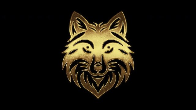 Fox face with slightly reflected outlines on a gold foil-like surface, loop, alpha channel

