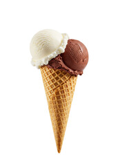 Pristine gelato cone with perfectly sculpted scoops of creamy pale vanilla and rich dark chocolate, in a crisp golden-brown waffle cone, isolated on a transparent background, clean negative space,