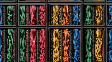 Colorful network cables neatly arranged in server racks creating a repeating pattern.