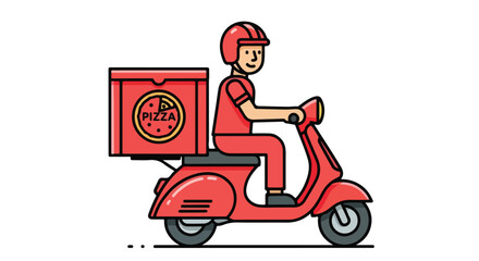 A cartoon style illustration of a delivery driver on a scooter delivering pizza showcasing fast food service