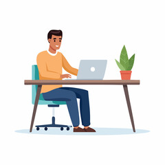 Smiling Man Working on Laptop at Desk with Plant Illustration