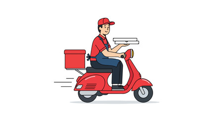 Speedy pizza delivery by a cheerful courier on a stylish red scooter, ensuring prompt and delicious meals arrive hot and fresh, emphasizing
