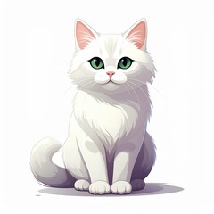 Obraz premium A charming illustration of a fluffy white kitten with bright green eyes sitting elegantly against a clean white background