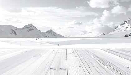 Snowy mountain vista with wooden platform