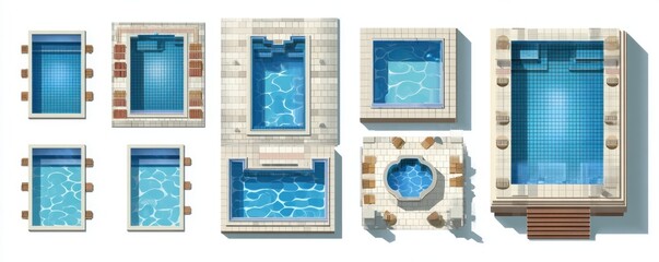 Set of swimming pool, top view illustration