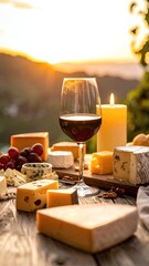 Wine, cheese, and sunset feast on rustic wood