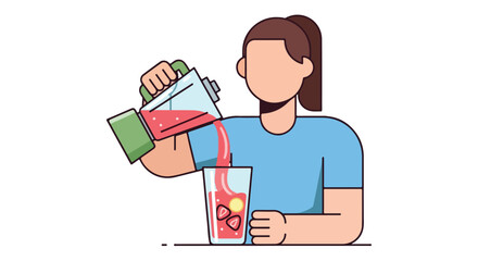 Woman preparing a vibrant fruit smoothie, pouring the pink beverage into a glass filled with fruit pieces, a refreshing and healthy treat for a