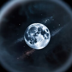 Obraz premium A mesmerizing full moon with intricate craters and textures, set against a backdrop of swirling cosmic dust and distant stars in the night sky