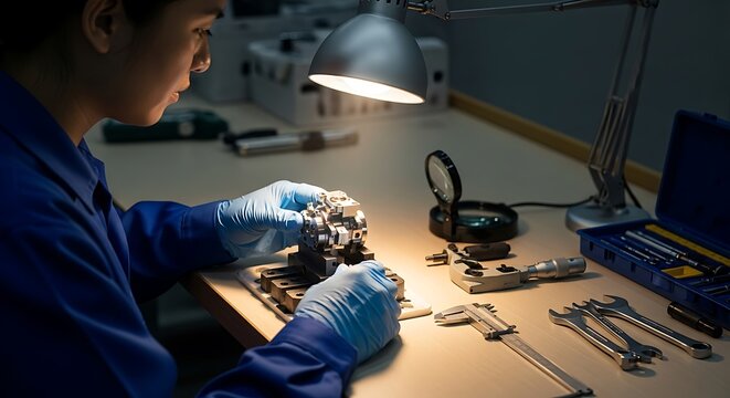 A skilled technician meticulously assembles a complex mechanical component at a well-lit workbench with precision tools.