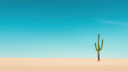 A solitary cactus stands in an expansive desert under a clear blue sky, evoking a sense of isolation and natural beauty.