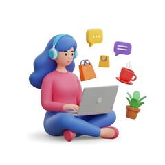 3D illustration of woman with laptop shopping online and chatting with digital icons
