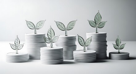 Abstract metallic leaves sprout from stacked circular discs representing growth and new beginnings