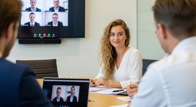 Young confident businesswoman attending a hybrid business meeting with colleagues in a modern conference room and remote participants on video call
