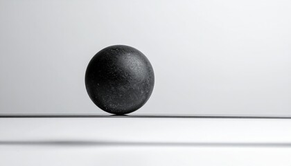 A dark textured sphere resting on a white surface with soft shadows against a plain background