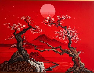 松の木と赤い梅の花と松