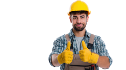 Worker with yellow hard hat and gloves, showing thumbs up, isolated on white background.