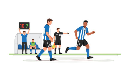 Animated illustration of a soccer match with players, referee and team bench showing substitution in progress indicating game strategy