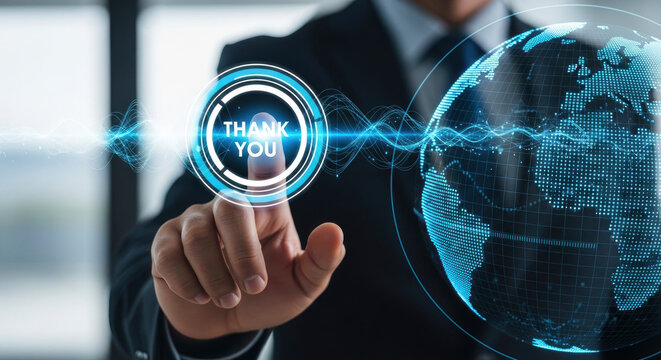 Businessman in a suit touching a futuristic holographic button with a "Thank You" message next to a glowing digital world globe