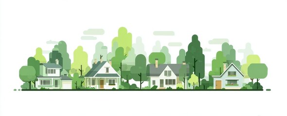 A simple, flat vector illustration of a residential area with houses and trees