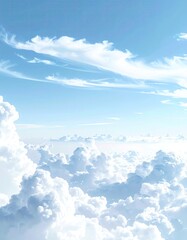 High-altitude view of fluffy, white clouds against a vibrant blue sky