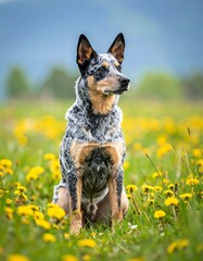Dog sitting in a field of dandelions