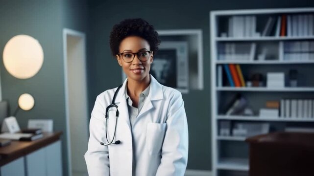 Smiling doctor wearing glasses and a white coat with a stethoscope stands in a modern clinic interior with bookshelves.
