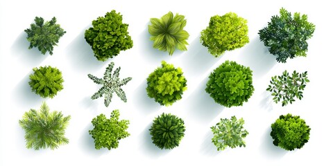 Top view of green plants, trees, and bushes vector set isolated on a white background