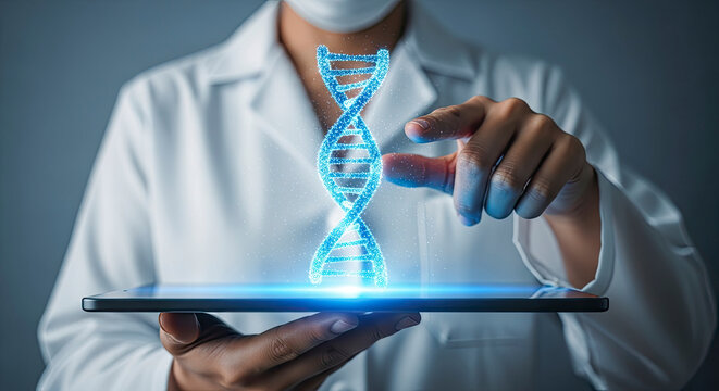 Medical professional in a lab coat interacting with a glowing blue digital DNA double helix structure hovering above a tablet