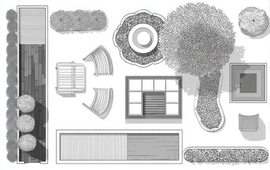 Top view of landscape design elements, vector line art on a white background