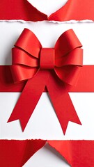 Red bow on white paper with torn edges