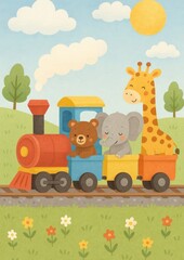 Obraz premium Cute animals on colorful train