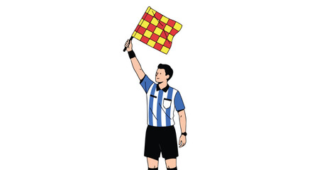 Illustrative depiction of a referee signaling with a checkered flag during a sports competition showing determination